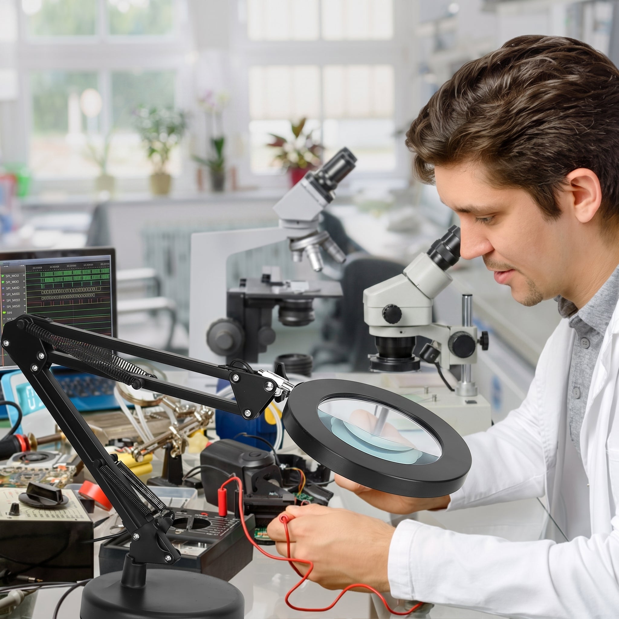A man in a white lab coat examines a circular lens under a magnifying glass on a workbench with microscopes and electronic tools in a bright laboratory.