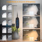 A smart adjustable desk lamp with a central power controller and multiple LED light heads, shown with text overlays explaining 3 light modes and 10 brightness levels. The right side demonstrates the lamp in cold, neutral, and warm light modes, while the left side shows different light head configurations.
