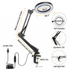 Detailed diagram of a magnifying lamp with arm and clamp, showing measurements and features.