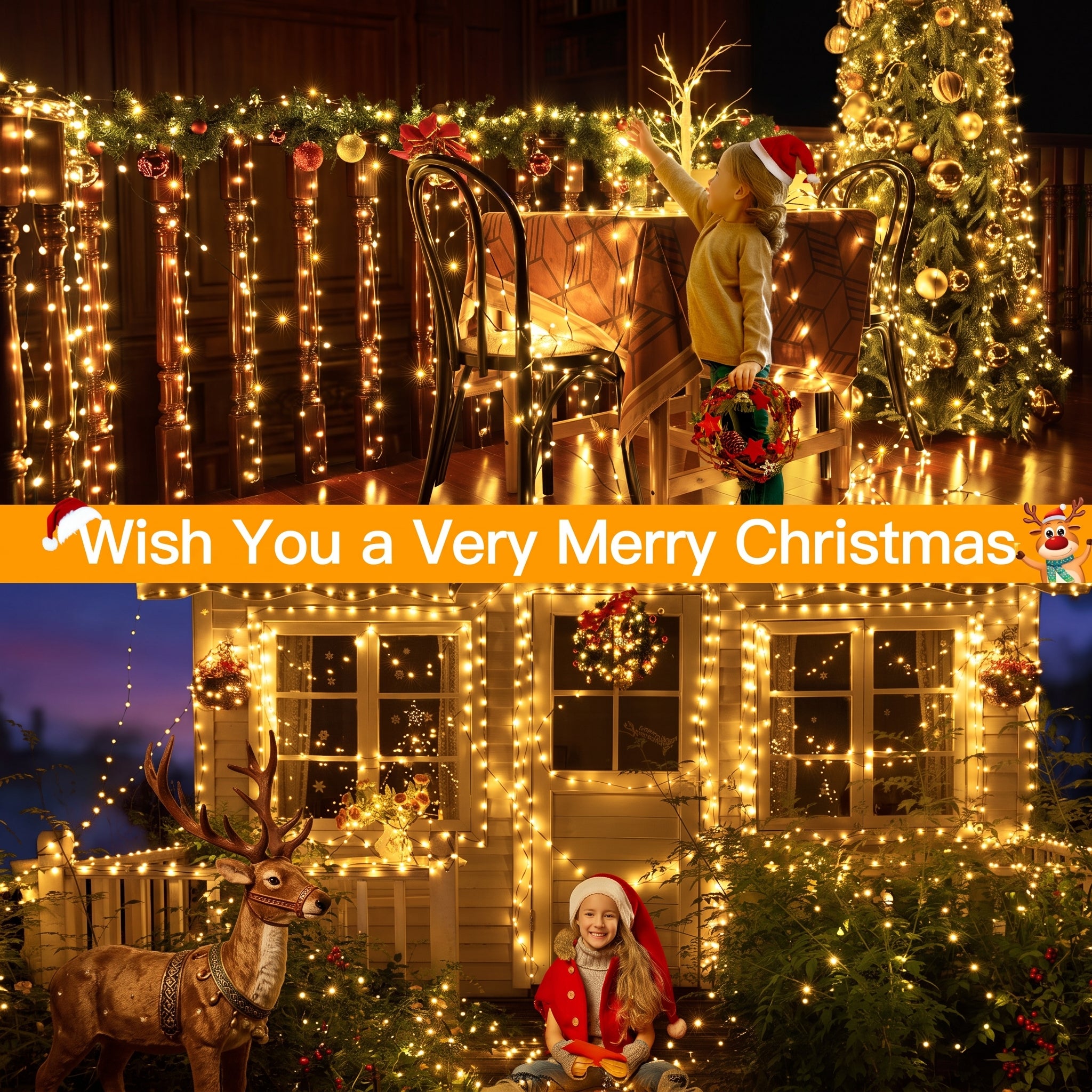 A festive Christmas house decorated with warm yellow string lights, wreaths, ornaments, and a tree, with children and a reindeer figurine in front. A large orange banner across the center reads 'Wish You a Very Merry Christmas'.