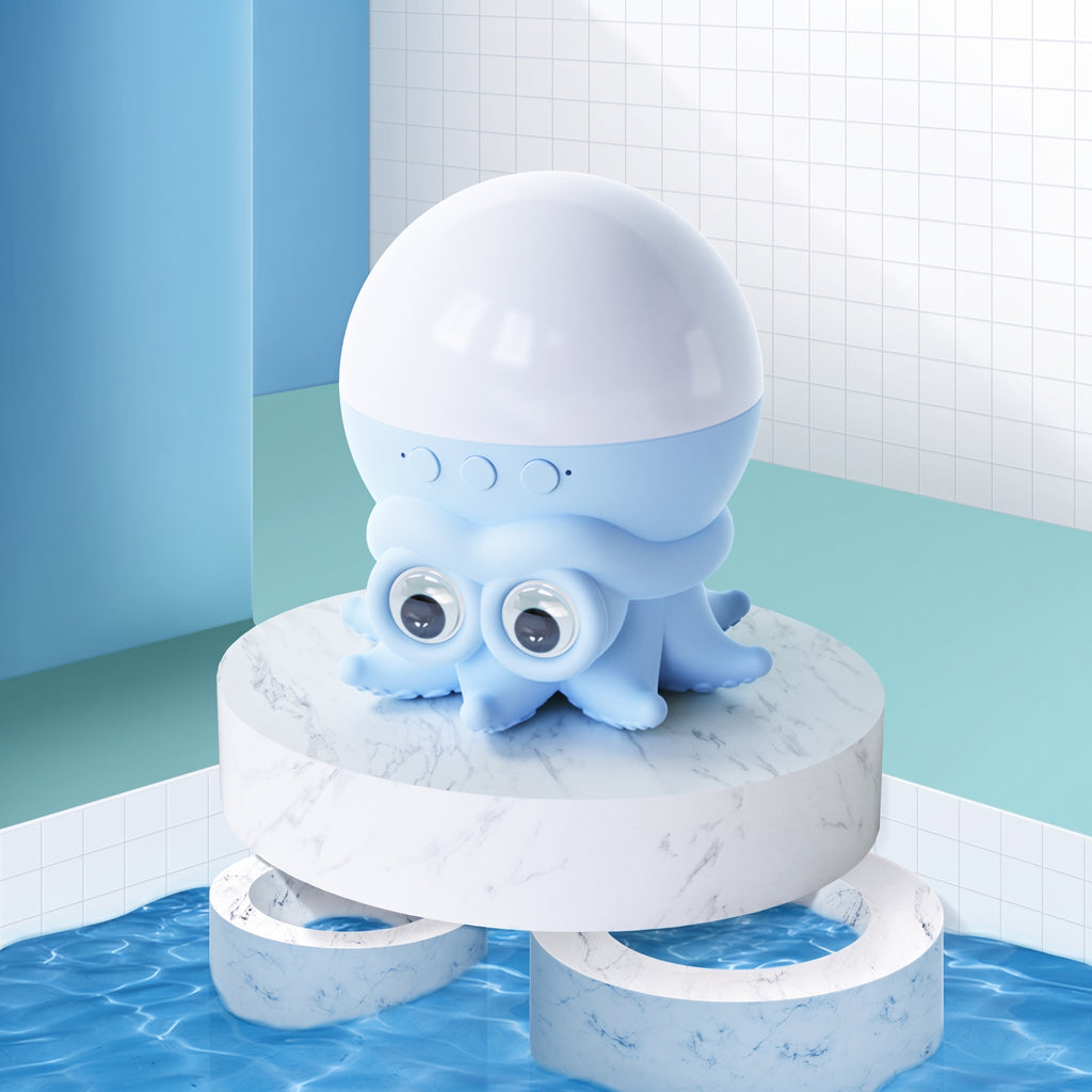 Blue octopus-shaped water fountain on a marble base with a blue and white background
