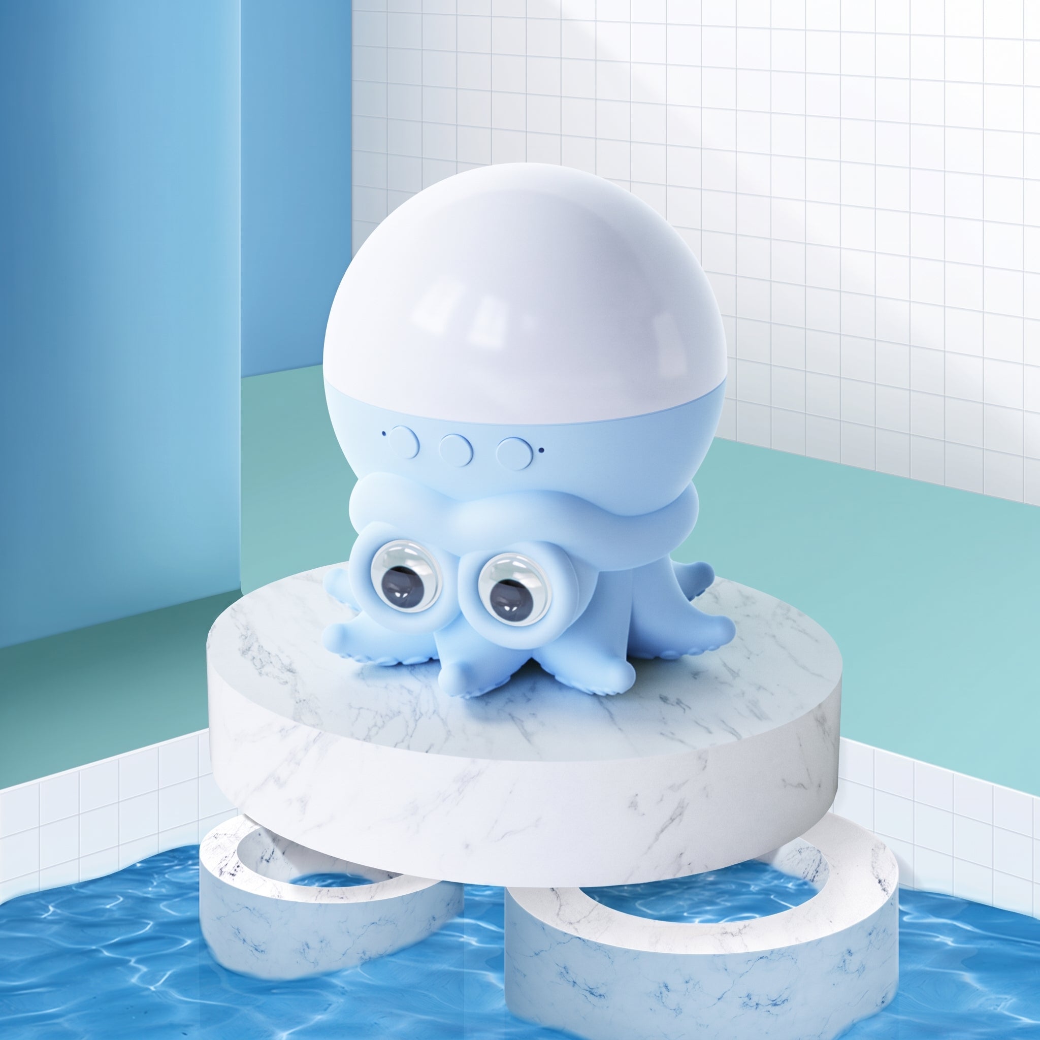 Blue octopus-shaped water fountain on a marble base with a blue and white background