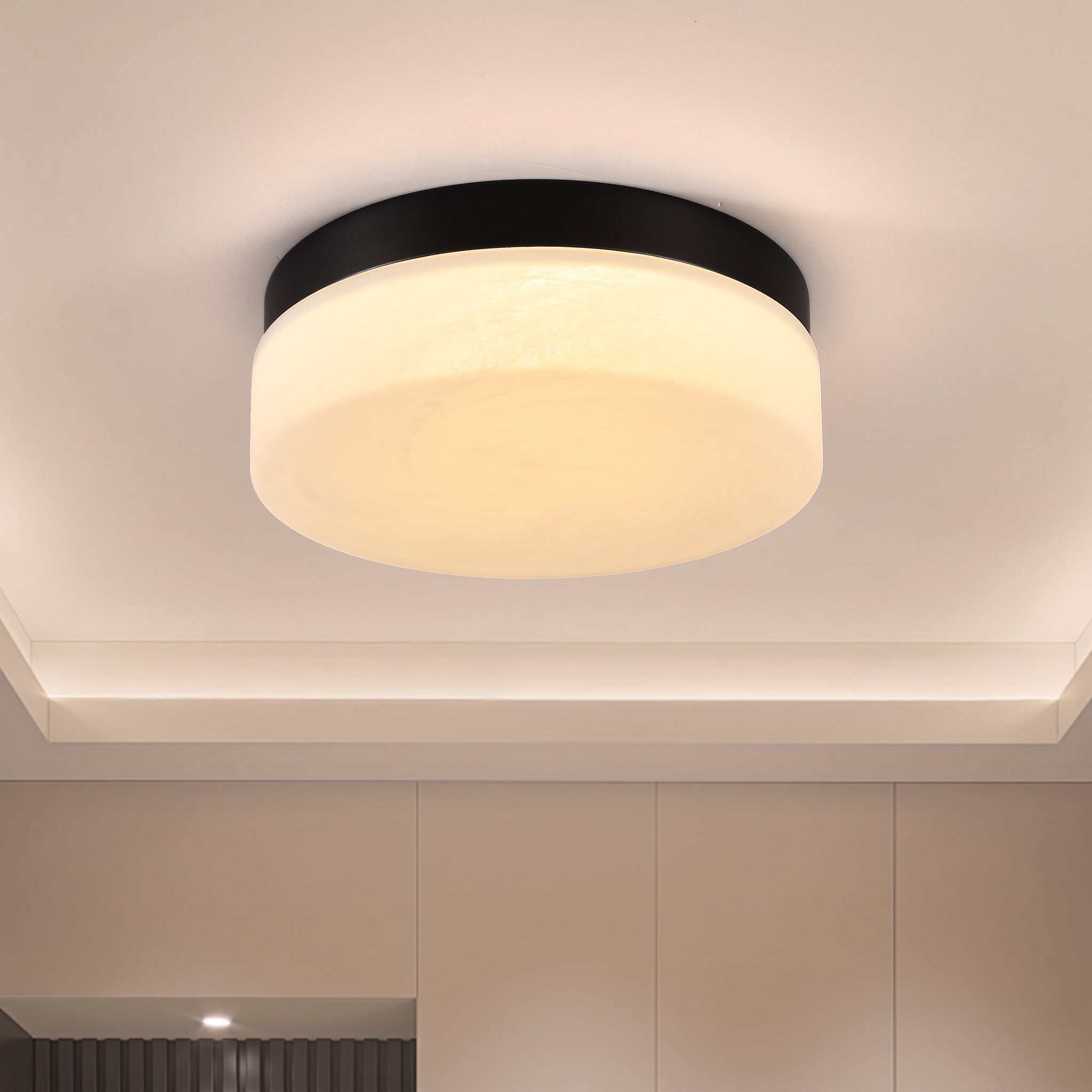 A modern flush-mount ceiling light with a black circular frame and a frosted white glass diffuser, emitting a warm yellow light. The light is mounted on a white ceiling with a recessed tray.