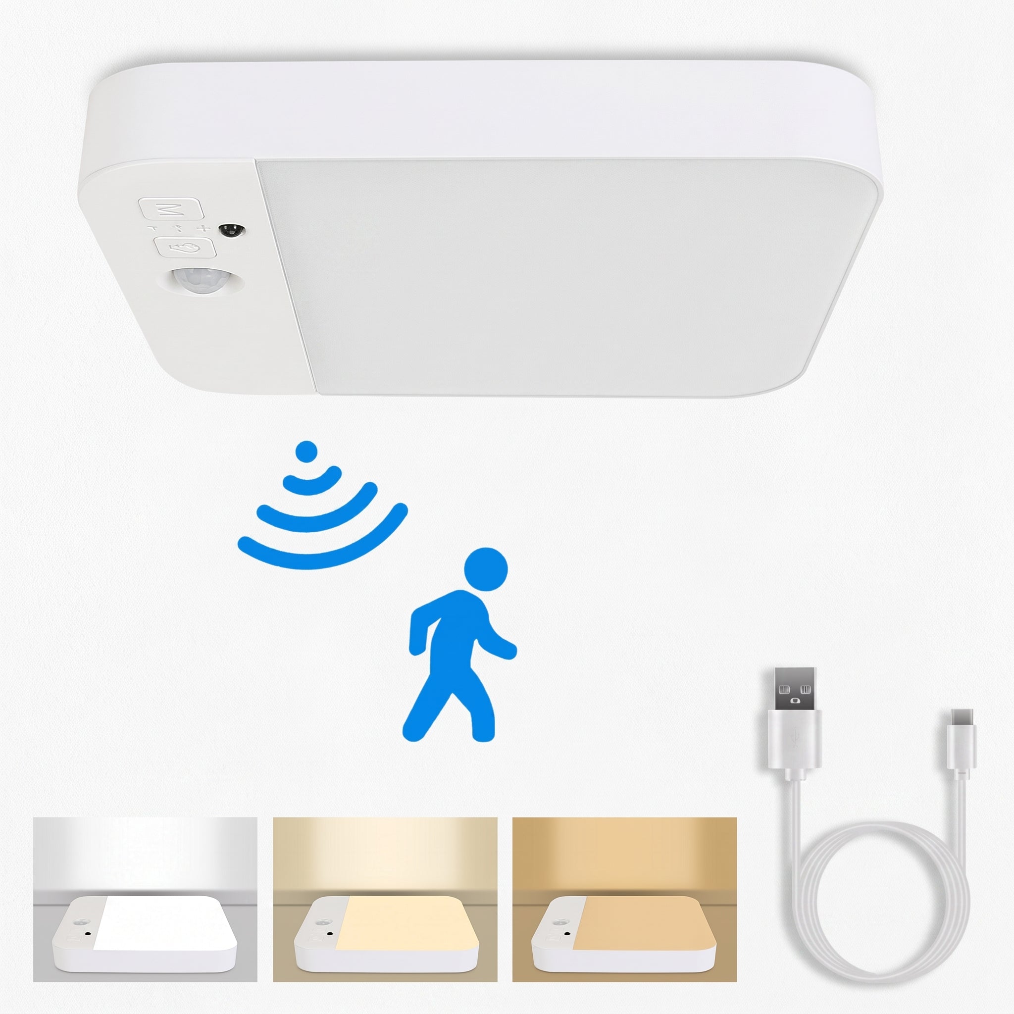 A white rectangular smart ceiling light with rounded corners, shown on a clean white background with blue wireless detection icons, a walking person symbol, three warm light output thumbnails, and a white USB charging cable.