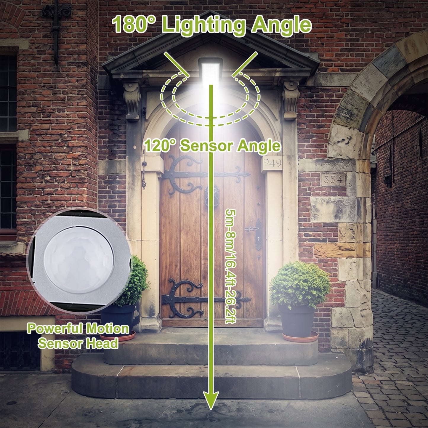 A smart outdoor motion sensor light shown installed above a brick doorway, with overlaid diagrams and text explaining a 180° lighting angle, 120° sensor angle, 5m-8m detection range, and a powerful motion sensor head. The product itself is visible in a circular inset and as a glowing fixture above the door.