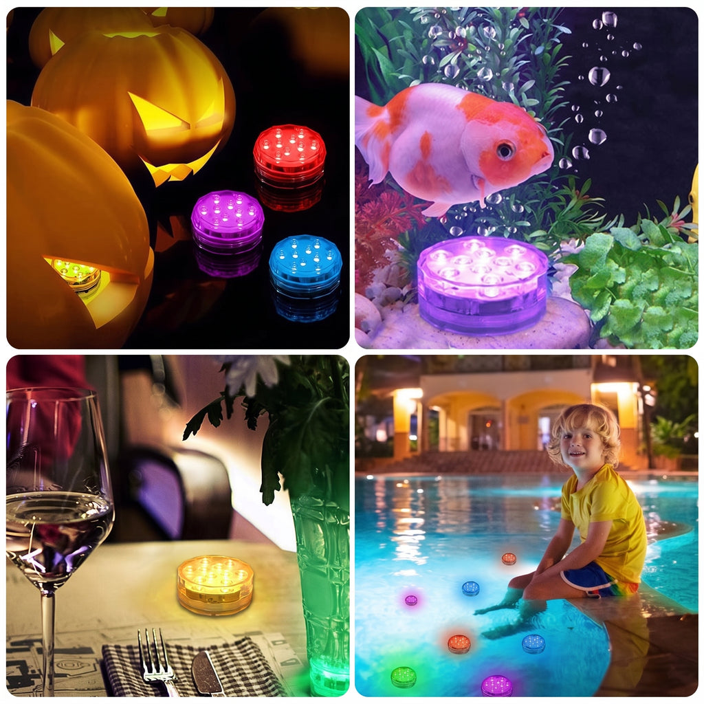 A four-panel collage showing small round LED light products in use: glowing jack-o'-lanterns, a goldfish tank light with colorful underwater lights, a wine glass and table setting with a small warm light, and a child sitting by a swimming pool with colorful floating lights.