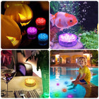 A four-panel collage showing small round LED light products in use: glowing jack-o'-lanterns, a goldfish tank light with colorful underwater lights, a wine glass and table setting with a small warm light, and a child sitting by a swimming pool with colorful floating lights.
