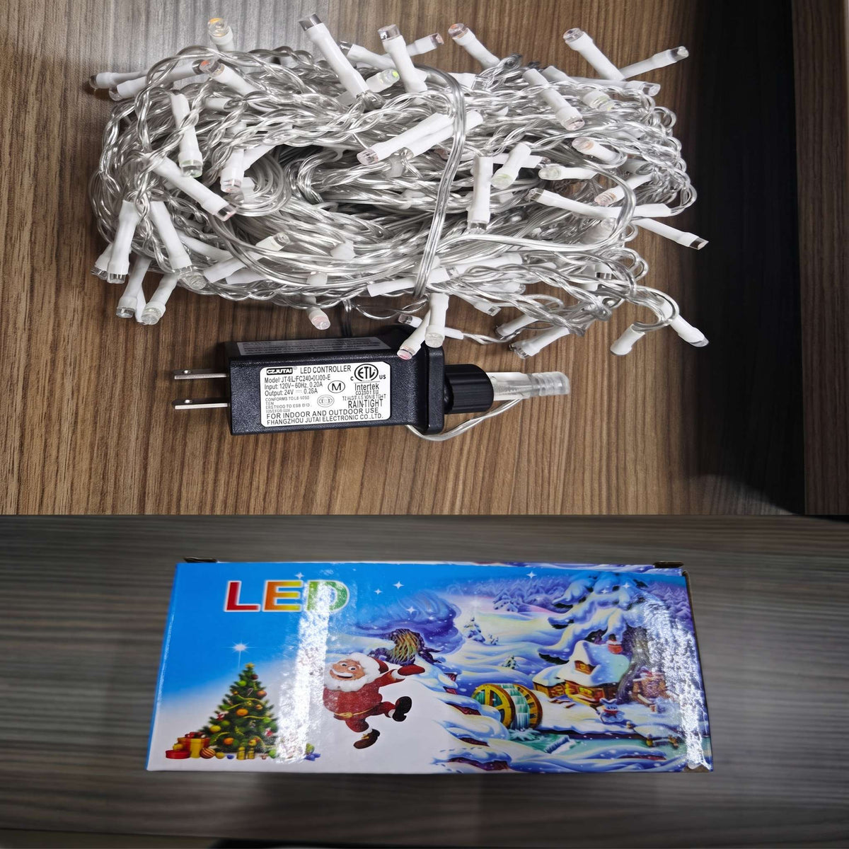 Zainzio 32.8ft multicolor LED ice bar string lights with clear wire, power adapter, and festive holiday packaging box.