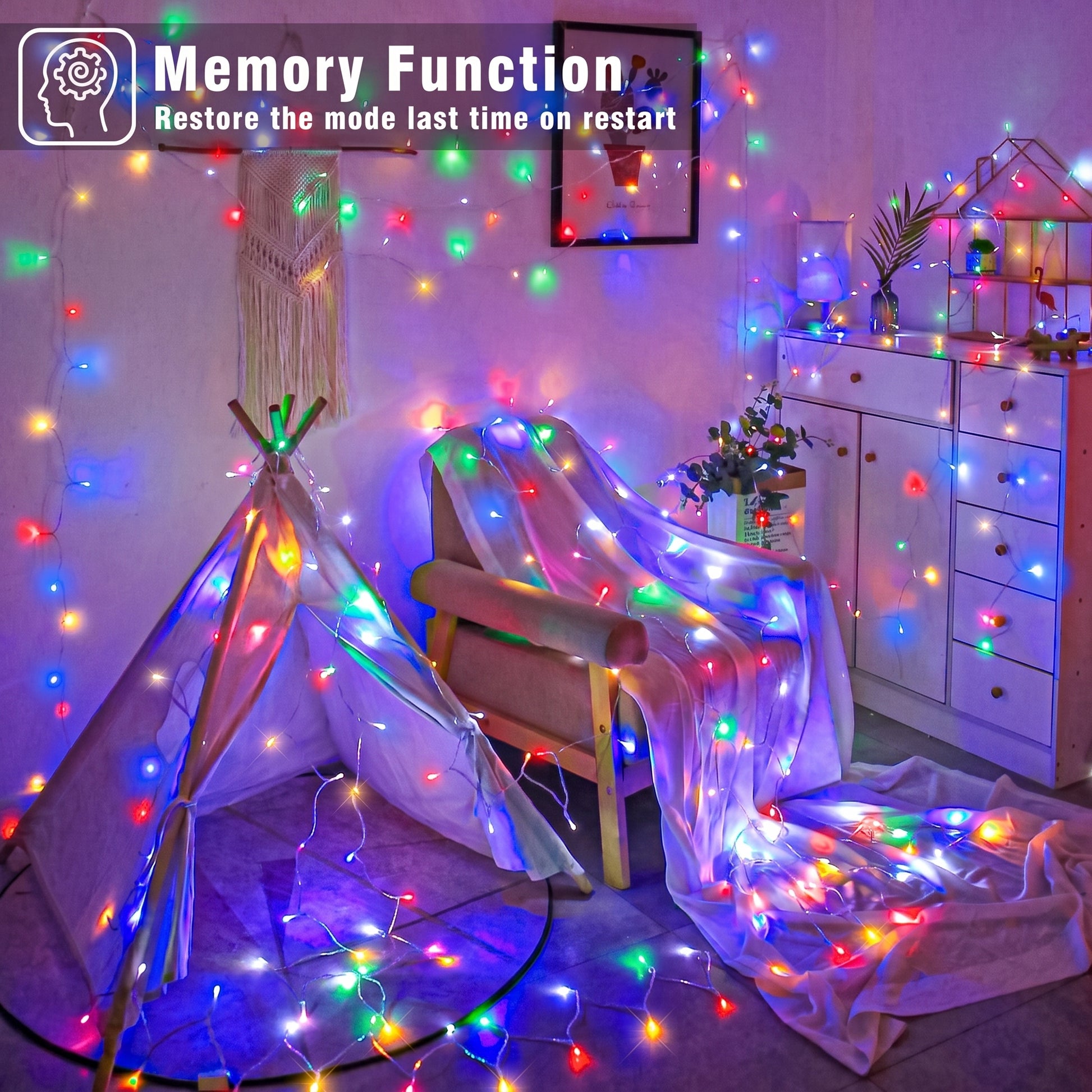 Multicolor LED memory string lights draped over a chair, blanket, teepee, and room decor in a bedroom setting, with a 'Memory Function' graphic overlay in the top left corner.
