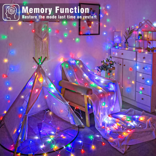 Multicolor LED memory string lights draped over a chair, blanket, teepee, and room decor in a bedroom setting, with a 'Memory Function' graphic overlay in the top left corner.