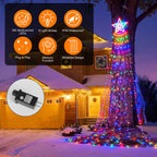 Multicolor Christmas tree string lights wrapped around a large tree in front of a house at night, with an orange feature panel, a star topper view, and a plug-in adapter inset.