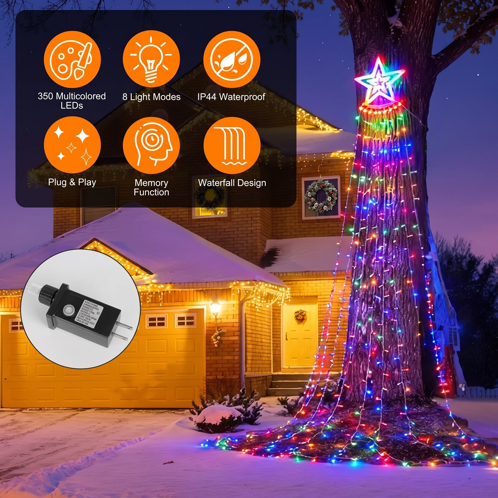 Multicolor Christmas tree string lights wrapped around a large tree in front of a house at night, with an orange feature panel, a star topper view, and a plug-in adapter inset.