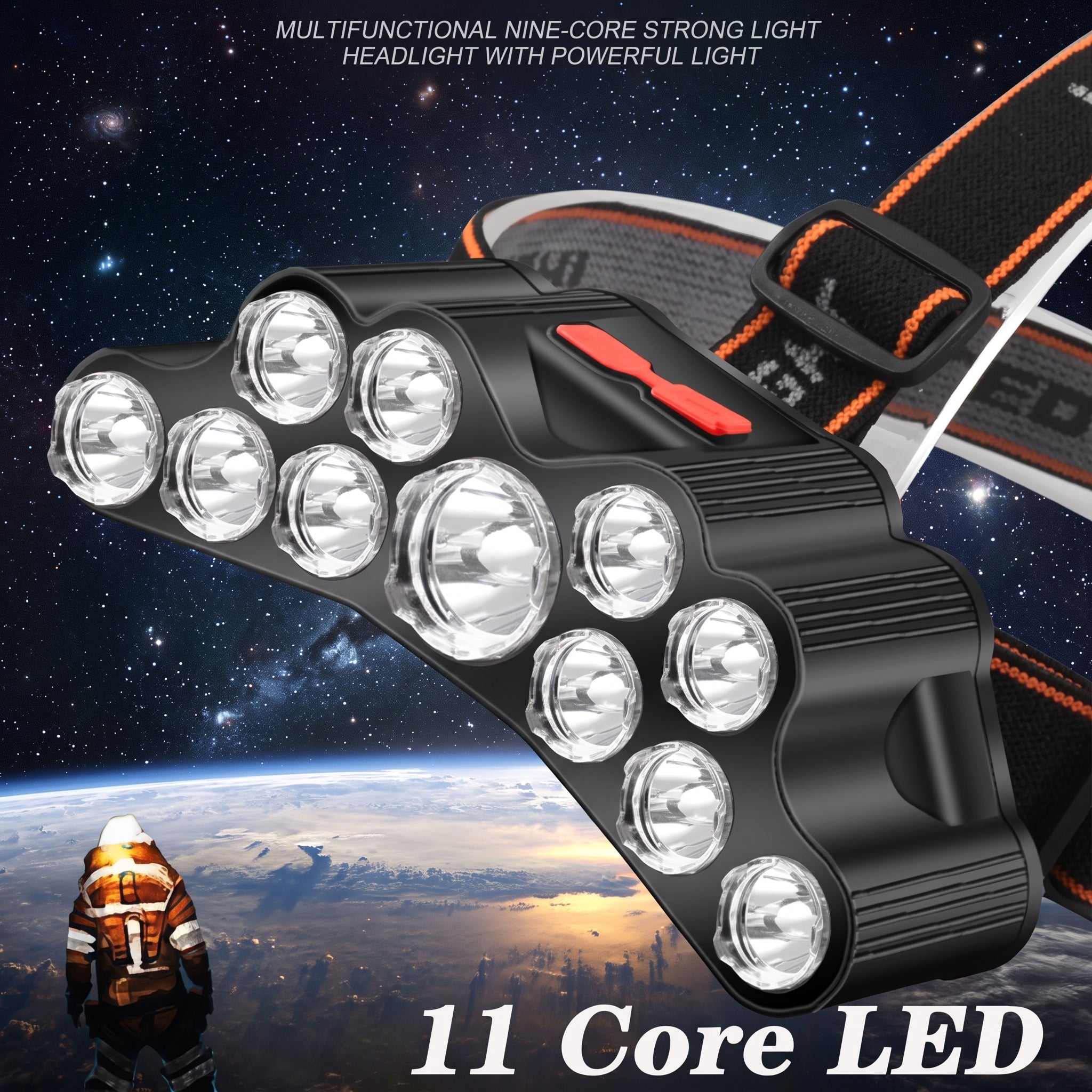 A black 11-core LED headlamp with a red switch and adjustable black-and-orange strap, shown over a space background with Earth and a person in space gear. Text reads 'MULTIFUNCTIONAL NINE-CORE STRONG LIGHT HEADLIGHT WITH POWERFUL LIGHT' and '11 Core LED'.