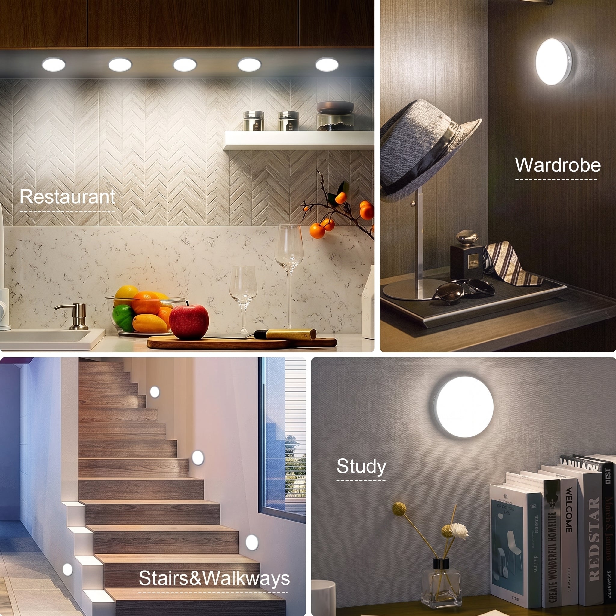A 2x2 collage showing wall-mounted round LED light fixtures in different real-world settings: a restaurant backsplash, a wardrobe shelf, stairs and walkways, and a study wall. The lights are shown illuminated in each scene.