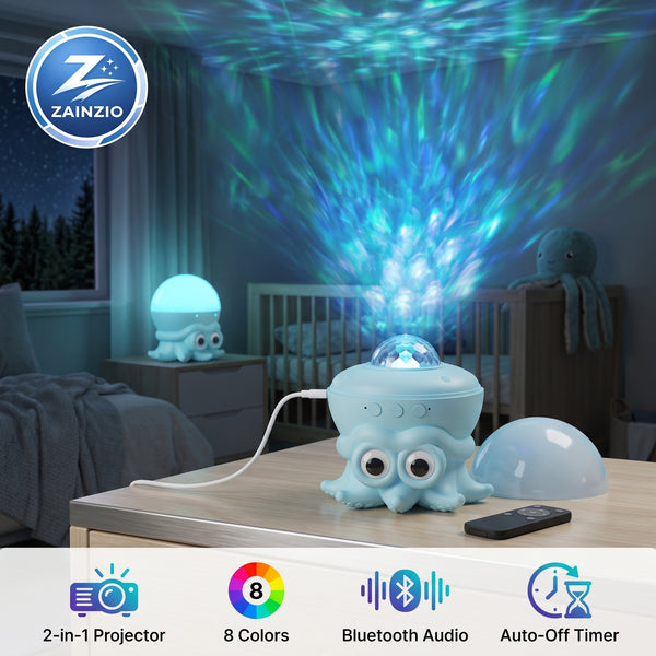 Octopus-shaped baby night light projector on a wooden table in a nursery, casting colorful blue and green starry projections in the room above. The product includes a light blue octopus body, a clear dome shade, a remote control, and a power cord.