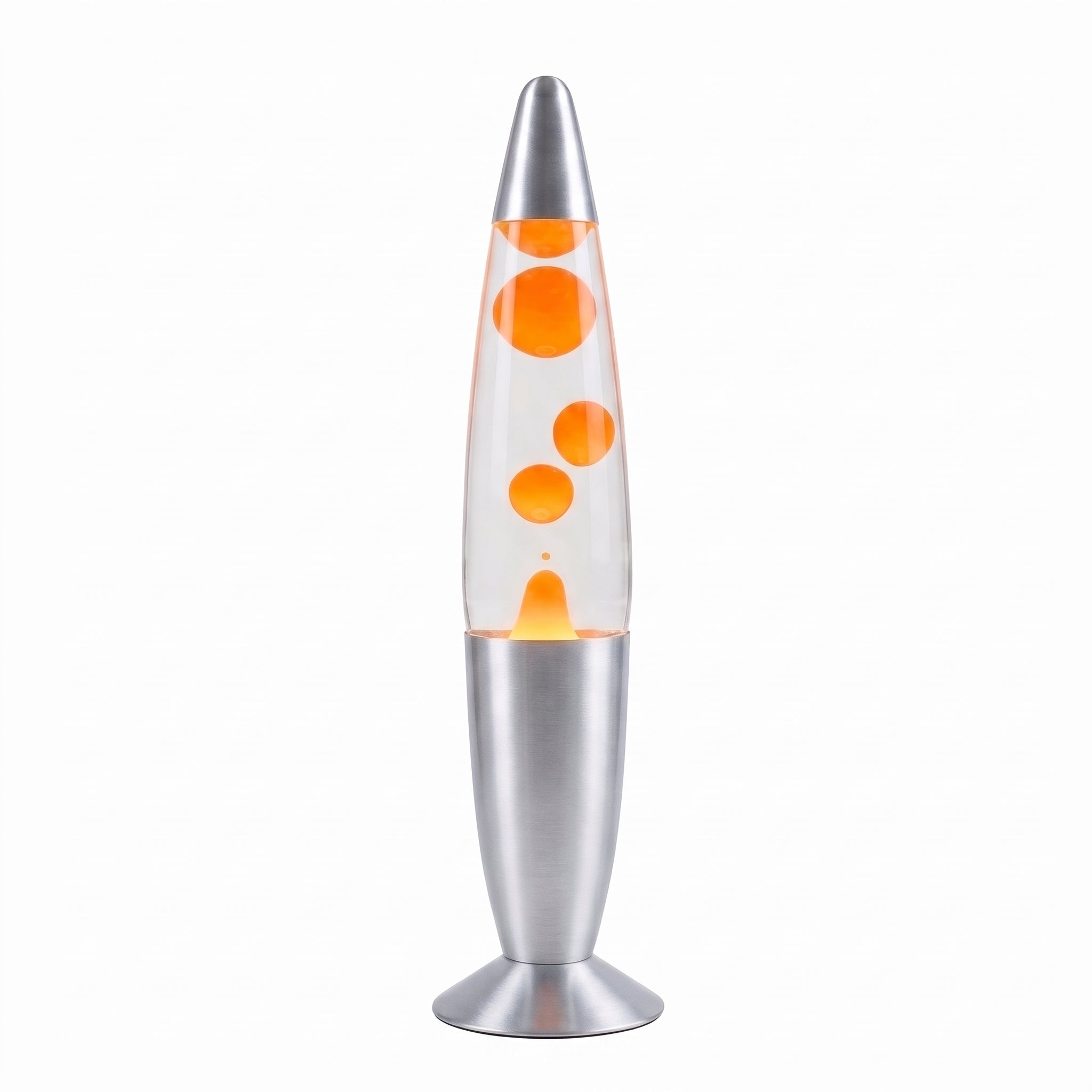 A retro-style lava lamp with a brushed silver metal base and top, featuring orange liquid and bubbles inside a clear glass chamber, shown against a plain white background.