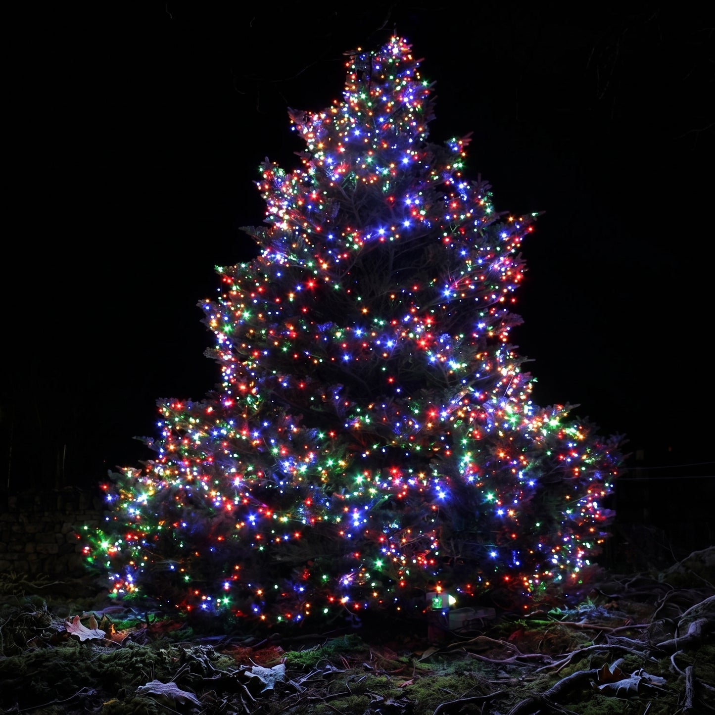 A Christmas tree covered in multicolored string lights glowing against a dark night background.