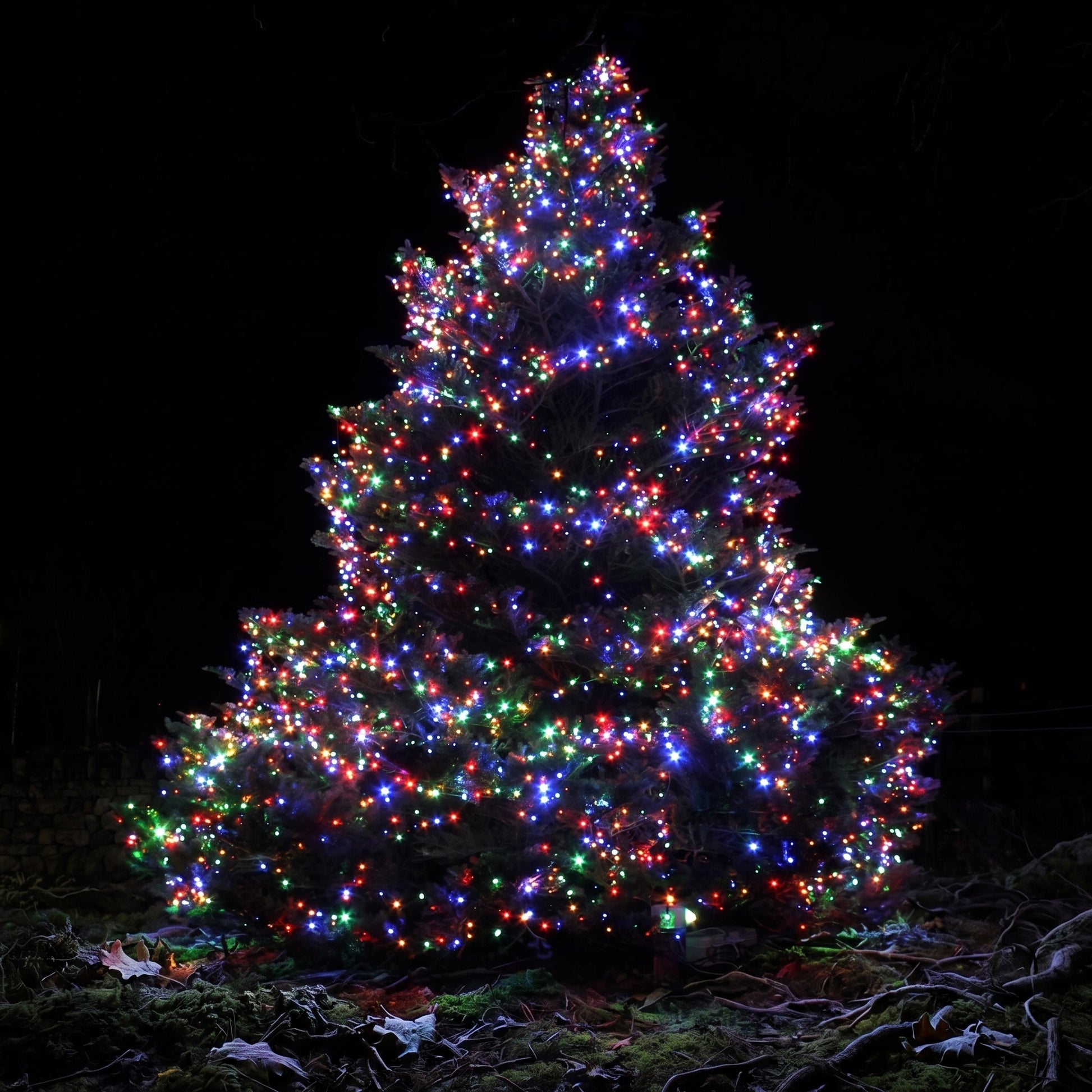 A Christmas tree covered in multicolored string lights glowing against a dark night background.