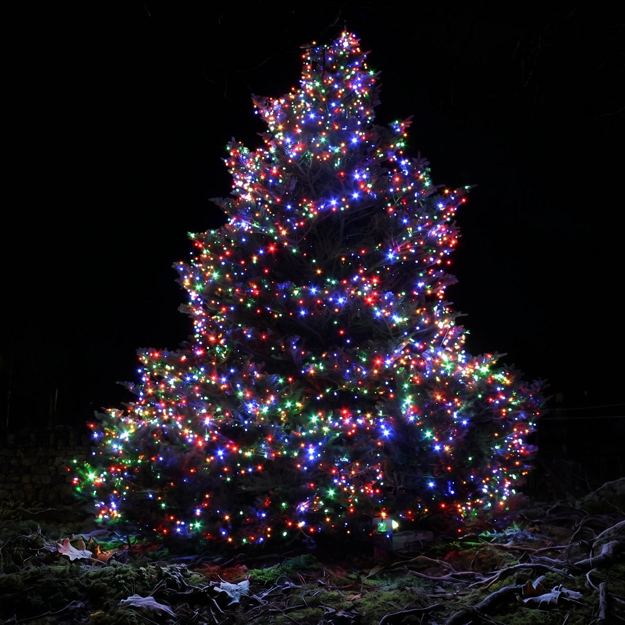 A Christmas tree covered in multicolored string lights glowing against a dark night background.