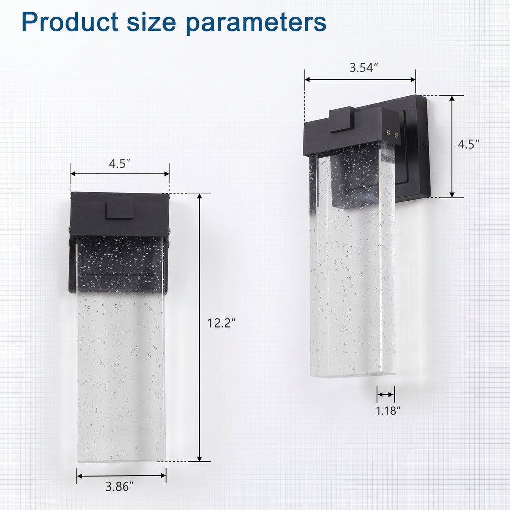 Product size diagram showing two views of a rectangular wall light fixture with black mounting hardware and a translucent speckled glass shade. Blue text at the top reads 'Product size parameters' with dimension labels and measurements in inches.