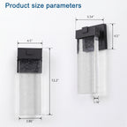 Product size diagram showing two views of a rectangular wall light fixture with black mounting hardware and a translucent speckled glass shade. Blue text at the top reads 'Product size parameters' with dimension labels and measurements in inches.