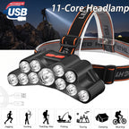 A 11-core LED headlamp with a black body, orange stitching on the strap, and a red power button, shown against a white background with a dark outdoor scene in the top left and feature icons along the bottom.