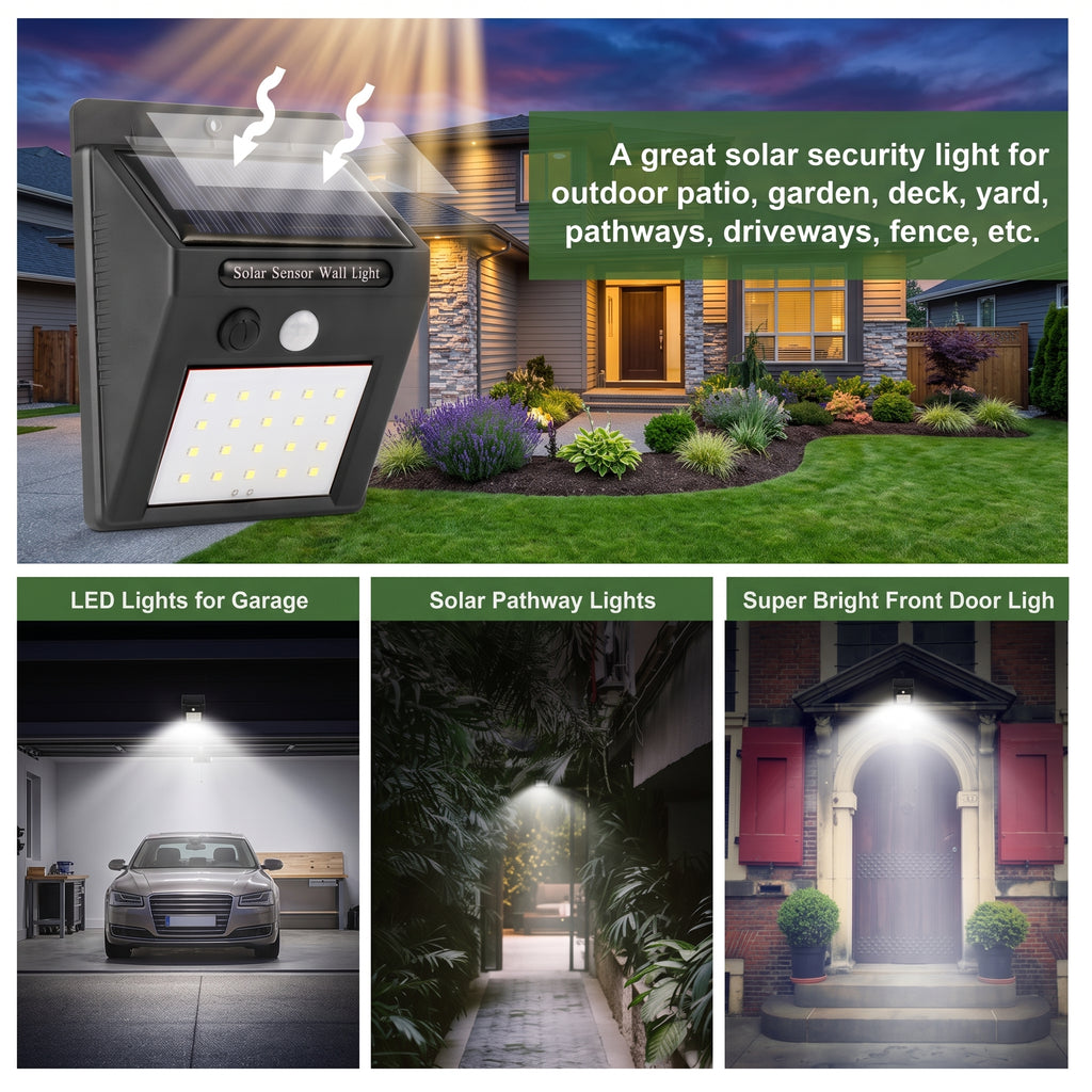 Solar security light shown in a collage with three application scenes: mounted on a house exterior, illuminating a garage, and mounted on a front door. The main product is a black rectangular solar light with a small solar panel on top, a round sensor button, and a grid of LED lights on the front.