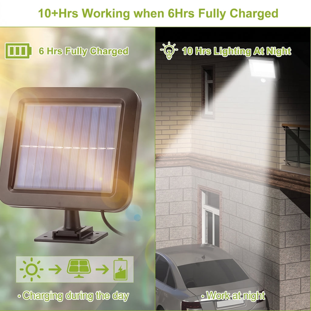 Solar-powered outdoor wall light shown in a split promotional graphic: one half shows the light fixture and charging icon with text '6 Hrs Fully Charged,' the other half shows the light beam illuminating a house at night with a car underneath and text '10 Hrs Lighting At Night.'.