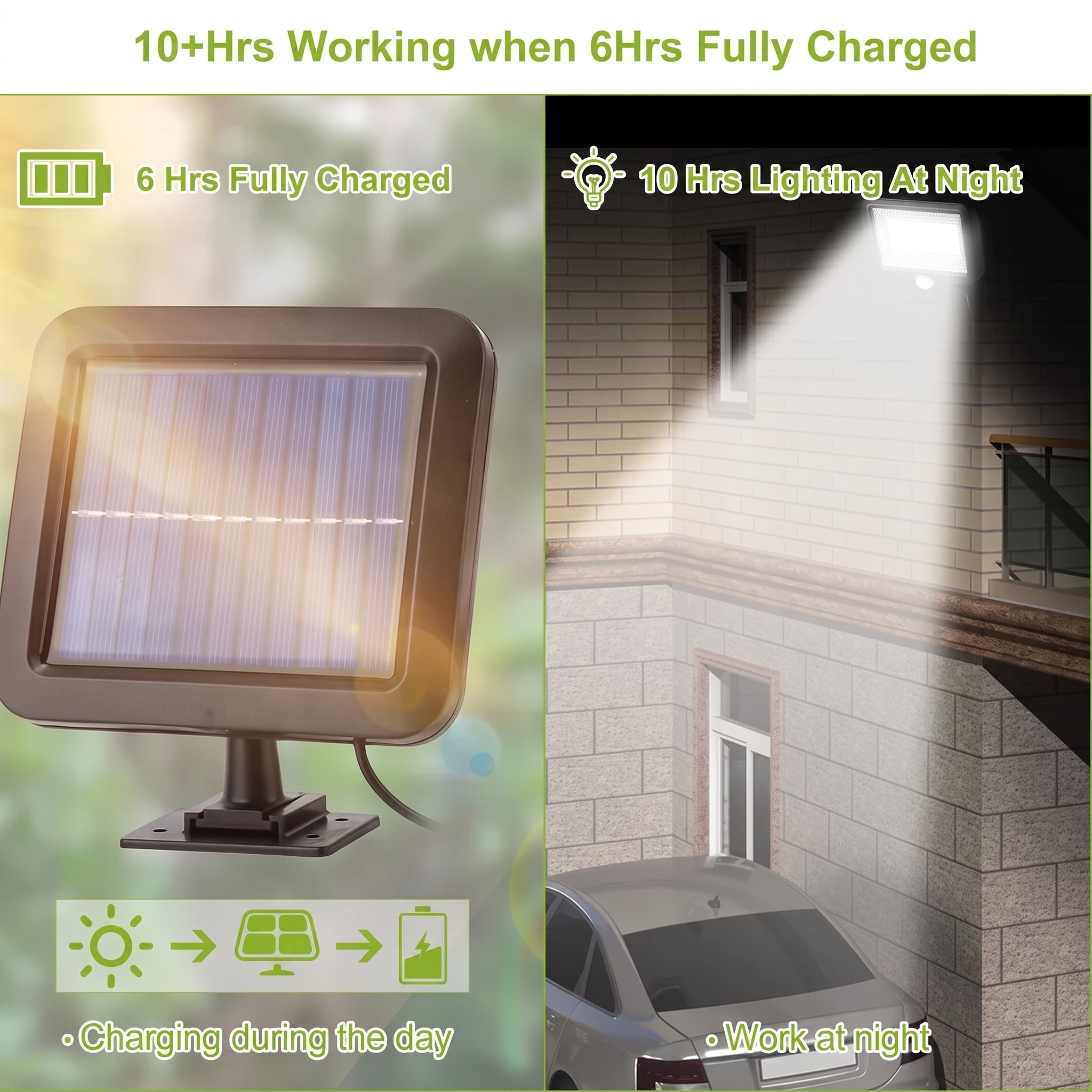 Solar-powered outdoor wall light shown in a split promotional graphic: one half shows the light fixture and charging icon with text '6 Hrs Fully Charged,' the other half shows the light beam illuminating a house at night with a car underneath and text '10 Hrs Lighting At Night.'.