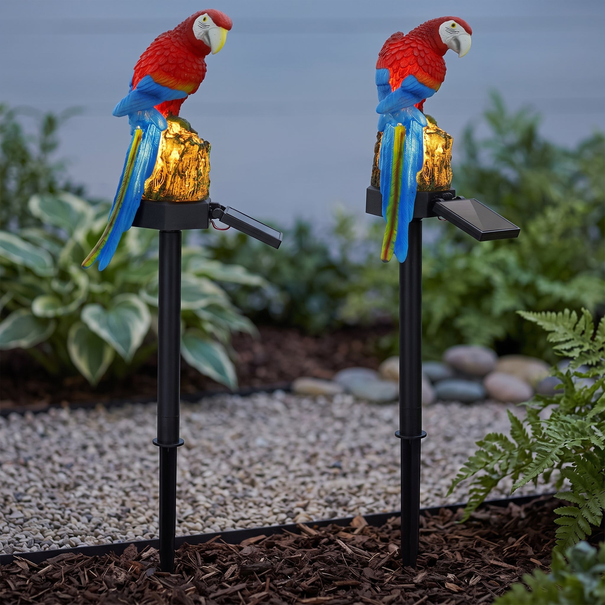 Two solar-powered parrot garden stakes with red, blue, and yellow macaroon statues perched on gold-colored rocks, set in a garden bed with mulch, gravel, and green plants.