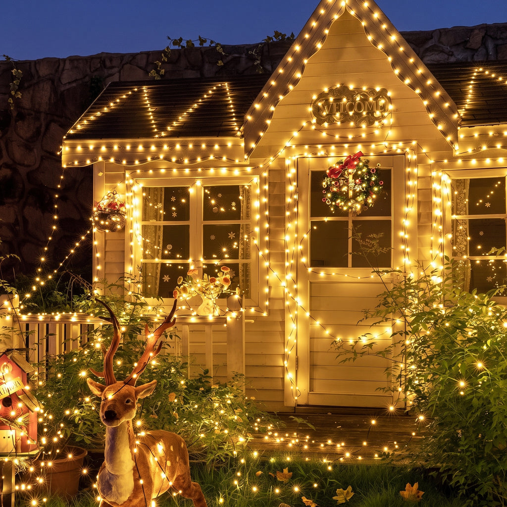 Warm white Christmas string lights draped around a house exterior at night, with wreaths on the windows, a lit deer figure in the yard, and a stone wall in the background.