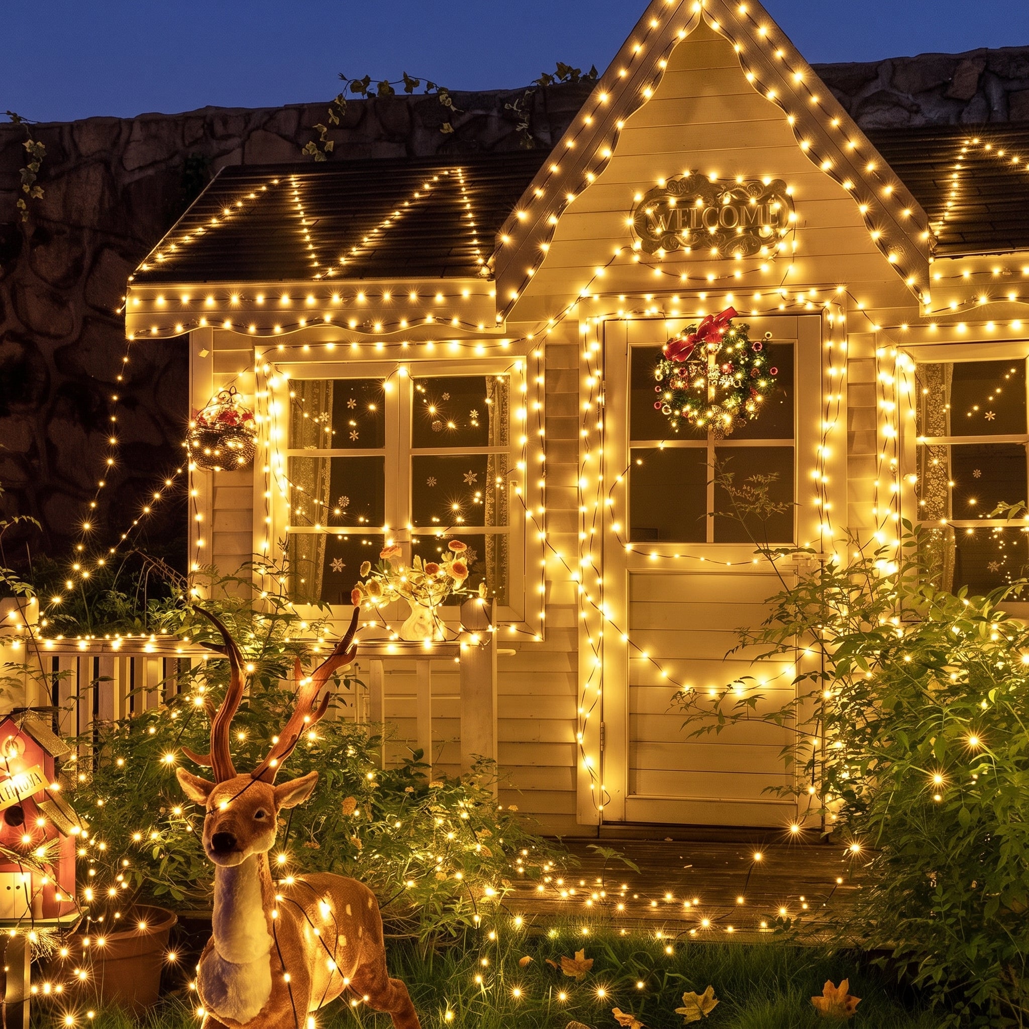 Warm white Christmas string lights draped around a house exterior at night, with wreaths on the windows, a lit deer figure in the yard, and a stone wall in the background.