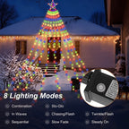 Christmas light string set displayed on a snow-covered house exterior at night, with multicolored lights forming a tree shape and decorative garlands around the roofline. A circular inset shows a black light controller, and text at the bottom lists 8 lighting modes including Combination, Slo-Glo, Chasing/Flash, Sequential, Slow Fade, Steady On, In Waves, and Twinkle/Flash.