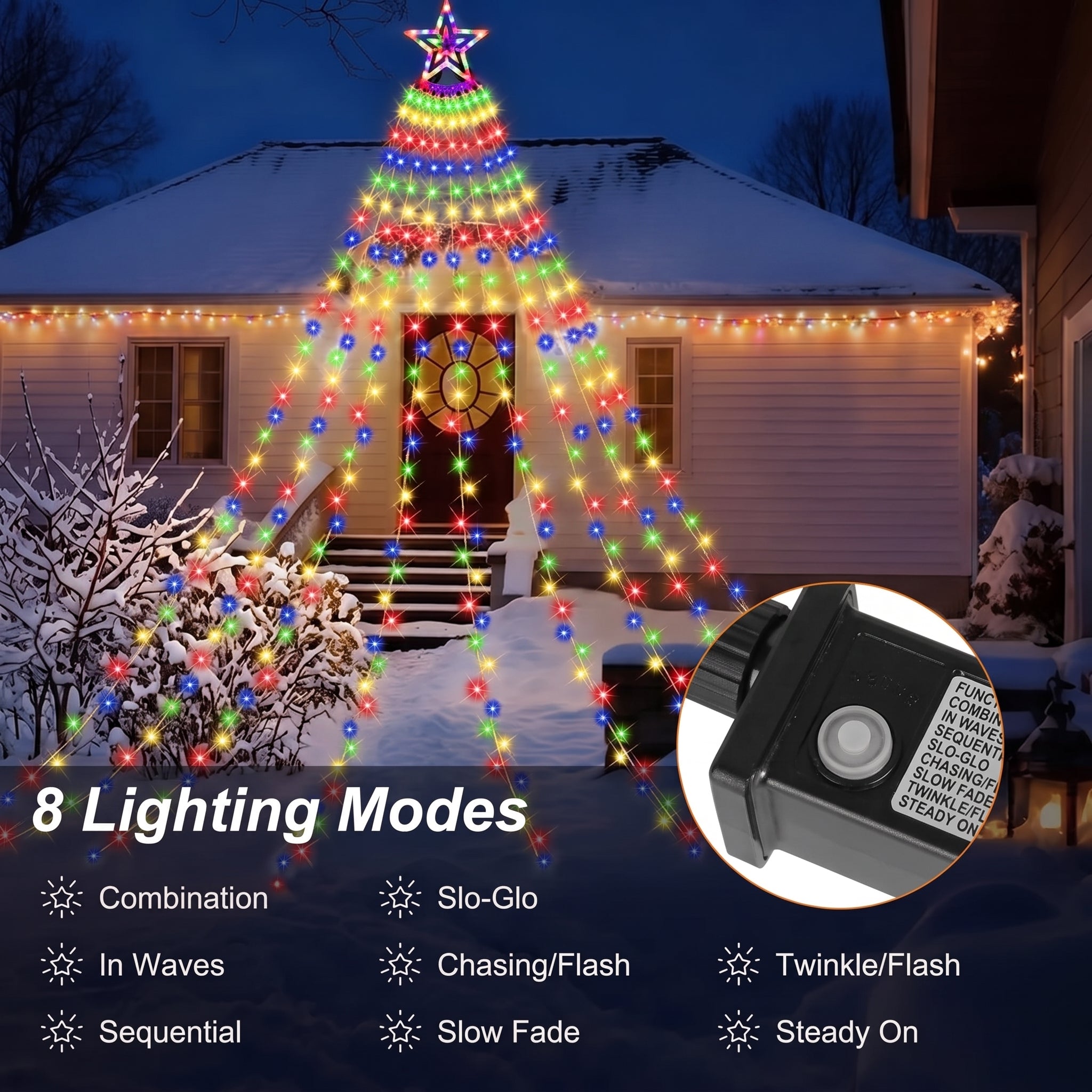Christmas light string set displayed on a snow-covered house exterior at night, with multicolored lights forming a tree shape and decorative garlands around the roofline. A circular inset shows a black light controller, and text at the bottom lists 8 lighting modes including Combination, Slo-Glo, Chasing/Flash, Sequential, Slow Fade, Steady On, In Waves, and Twinkle/Flash.