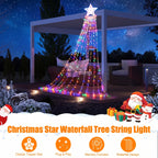 Multicolor Christmas waterfall string lights draped over a patio Christmas tree with a star topper, shown at night under a starry sky. The image includes a white banner at the bottom with product text and holiday illustrations.