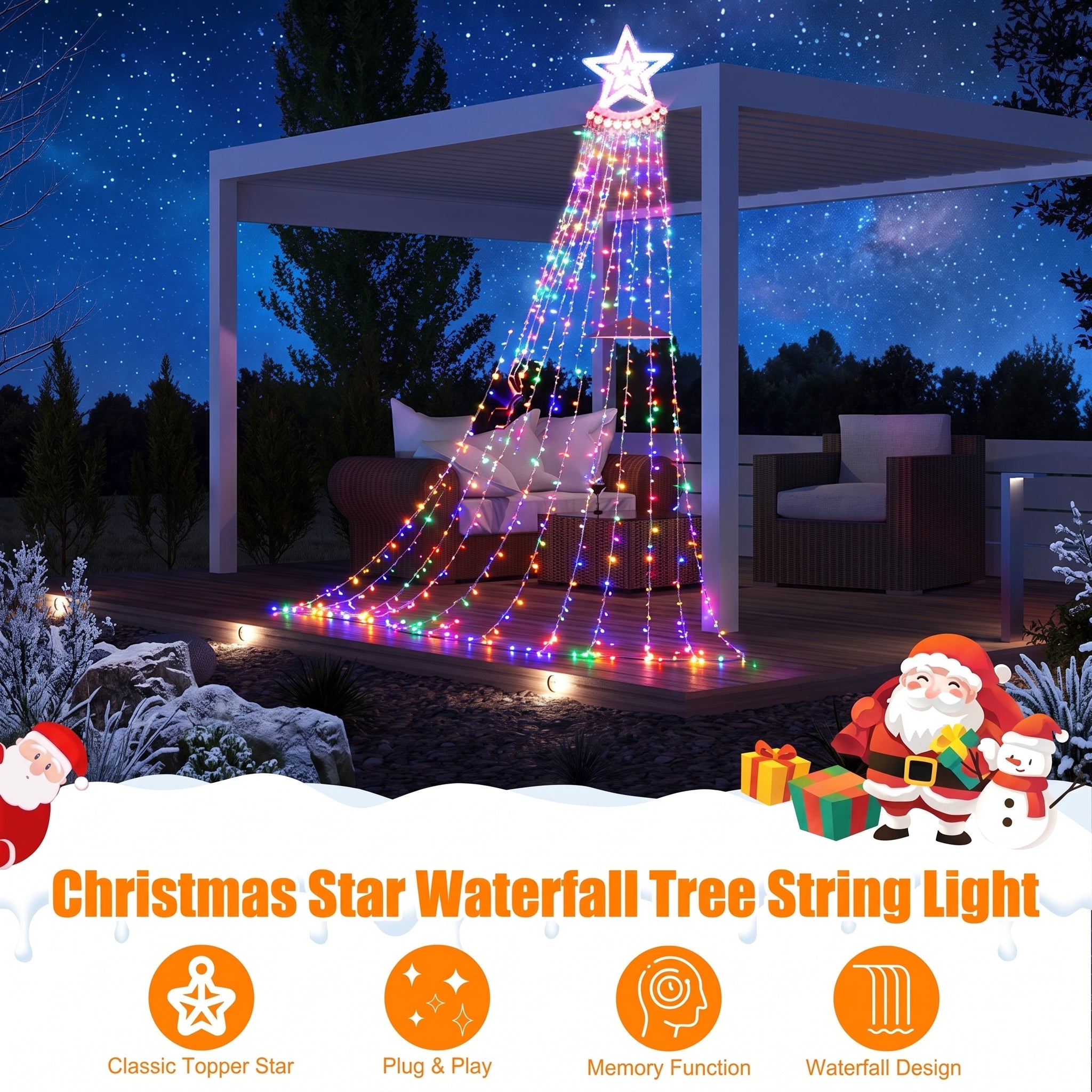 Multicolor Christmas waterfall string lights draped over a patio Christmas tree with a star topper, shown at night under a starry sky. The image includes a white banner at the bottom with product text and holiday illustrations.