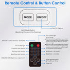 A labeled diagram showing a remote control and button control layout with callouts for MODE, ON/OFF, light mode switch, remote control distance, brightness levels, timer settings, and other remote functions on a light gray background.