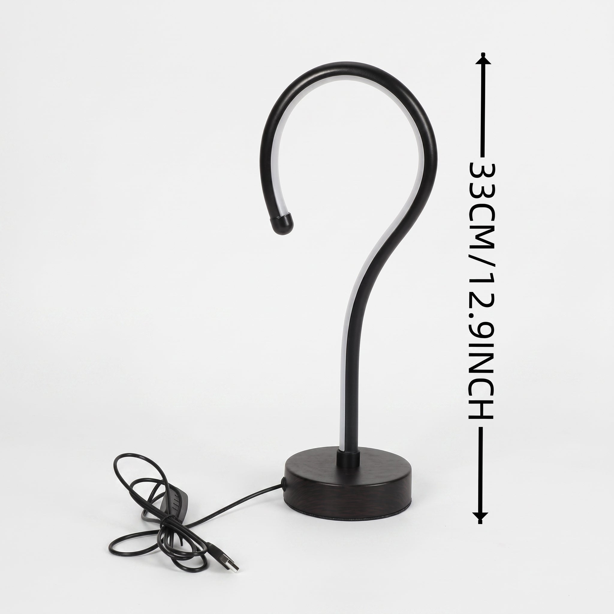 Black metal S-shaped hook lamp with a round base and power cord, shown on a light gray background with a vertical height measurement annotation of 33CM (1.29 inches).