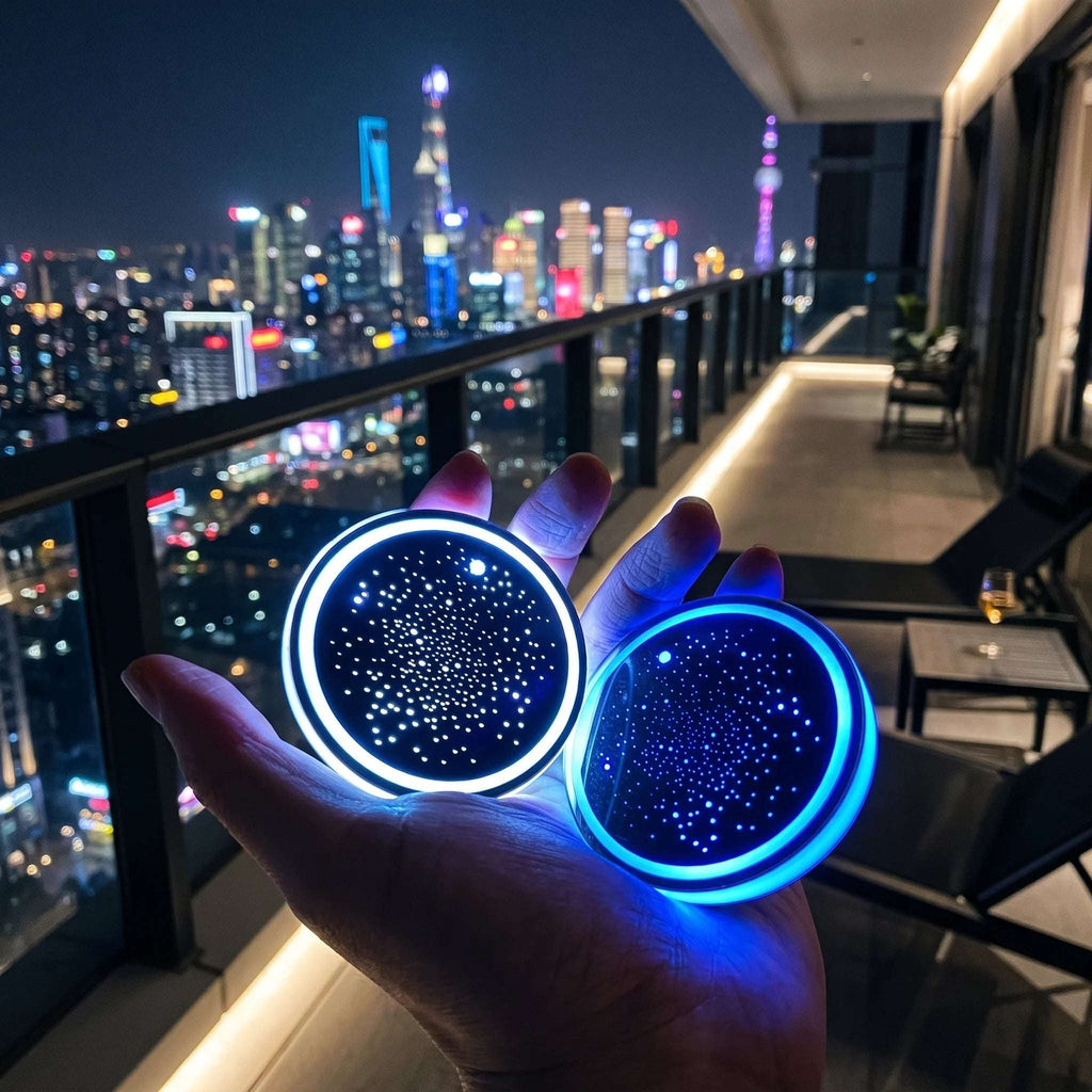 Hands holding two Zainzio Starry Sky design LED car cup holder coasters glowing brightly against a city skyline at night.
