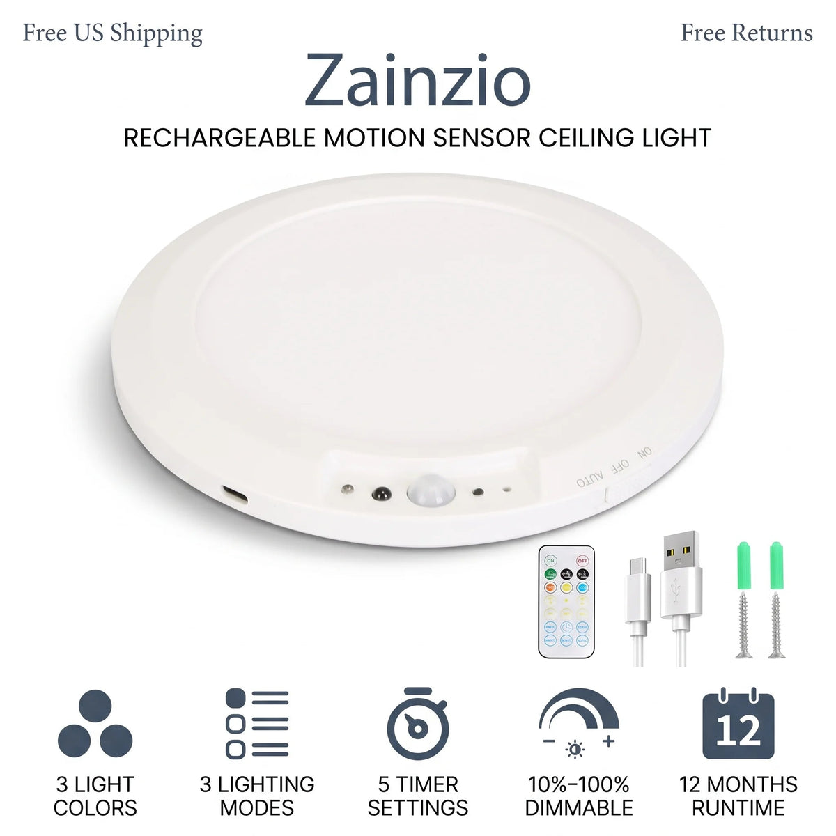 Zainzio rechargeable motion sensor ceiling light with remote control, USB-C charging cable, mounting hardware, and feature icons.