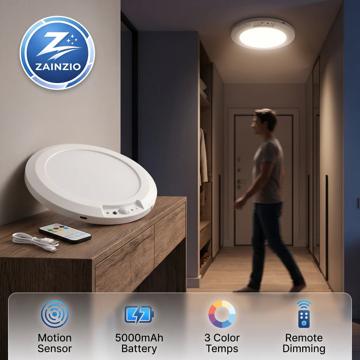 Zainzio rechargeable motion sensor ceiling light resting on a console table with remote and USB cable, showing overhead installation in a modern hallway.