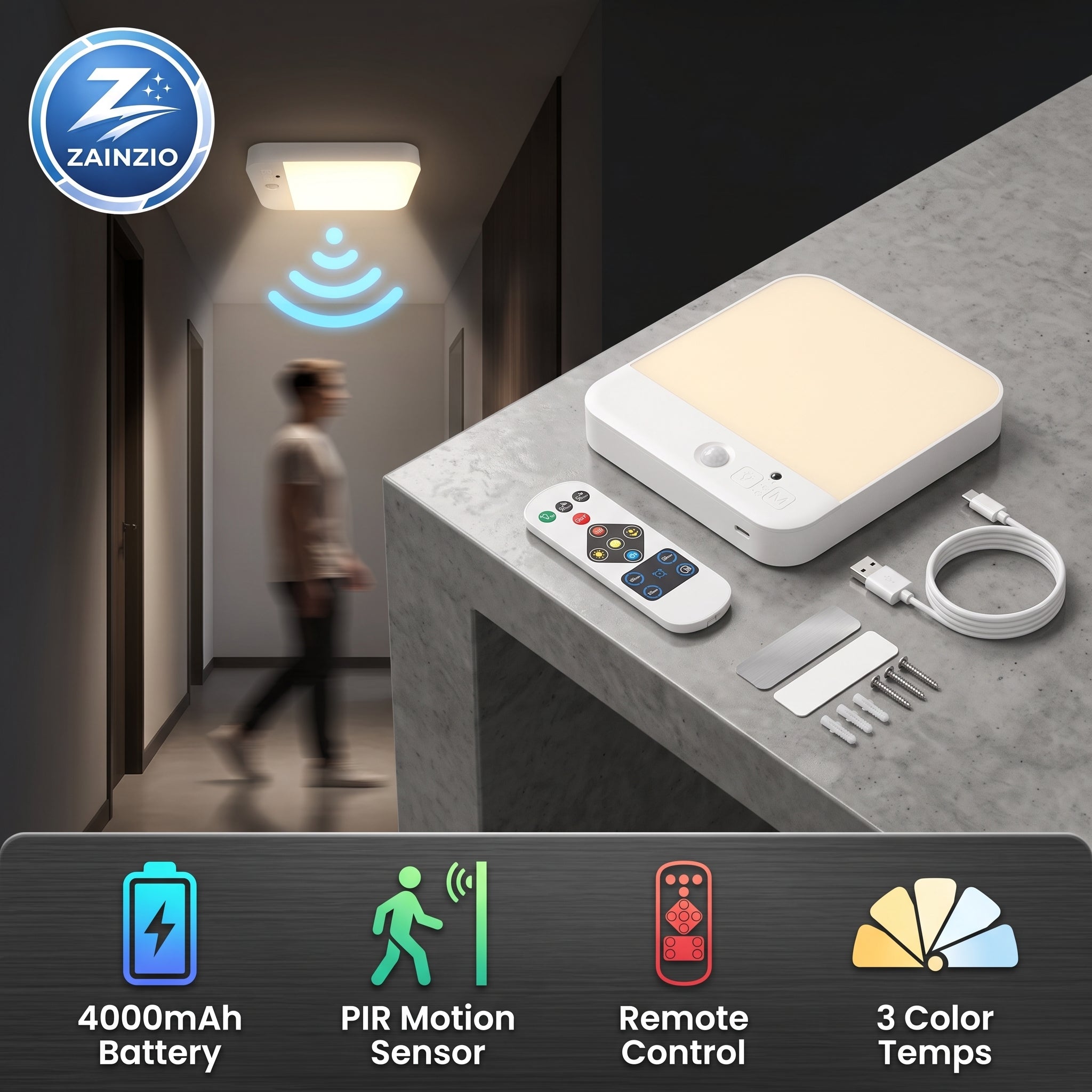 A ZAINZIO smart LED light panel kit shown on a countertop with its remote control, USB cable, mounting brackets, and accessories. The background features a blurred lifestyle scene of a hallway illuminated by the product, which also displays a blue PIR motion sensor signal icon.
