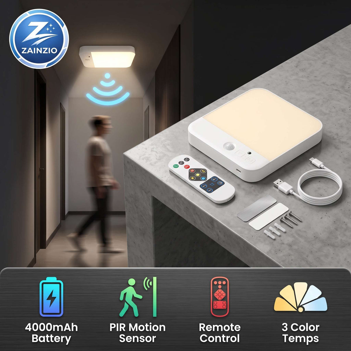 A ZAINZIO smart LED light panel kit shown on a countertop with its remote control, USB cable, mounting brackets, and accessories. The background features a blurred lifestyle scene of a hallway illuminated by the product, which also displays a blue PIR motion sensor signal icon.
