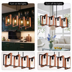 A 4-panel collage showing a modern multi-light linear pendant chandelier in different contexts. The top-left panel shows the chandelier turned on in a dark green kitchen, and the top-right panel shows it turned off in a bright living room.