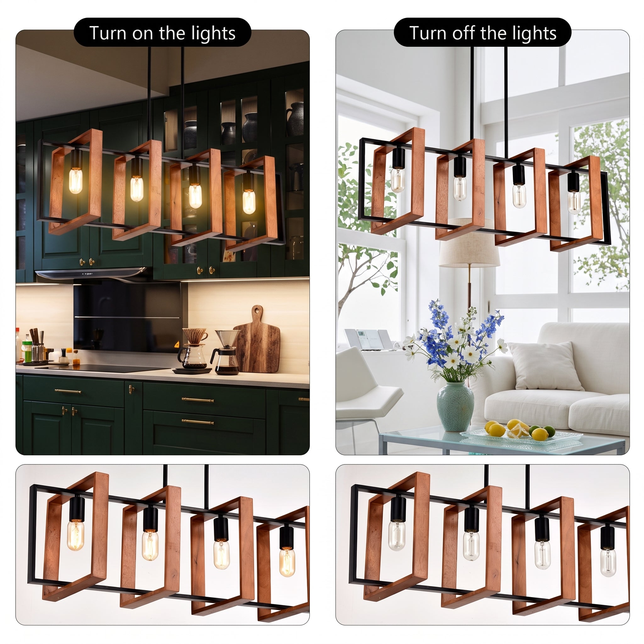 A 4-panel collage showing a modern multi-light linear pendant chandelier in different contexts. The top-left panel shows the chandelier turned on in a dark green kitchen, and the top-right panel shows it turned off in a bright living room.
