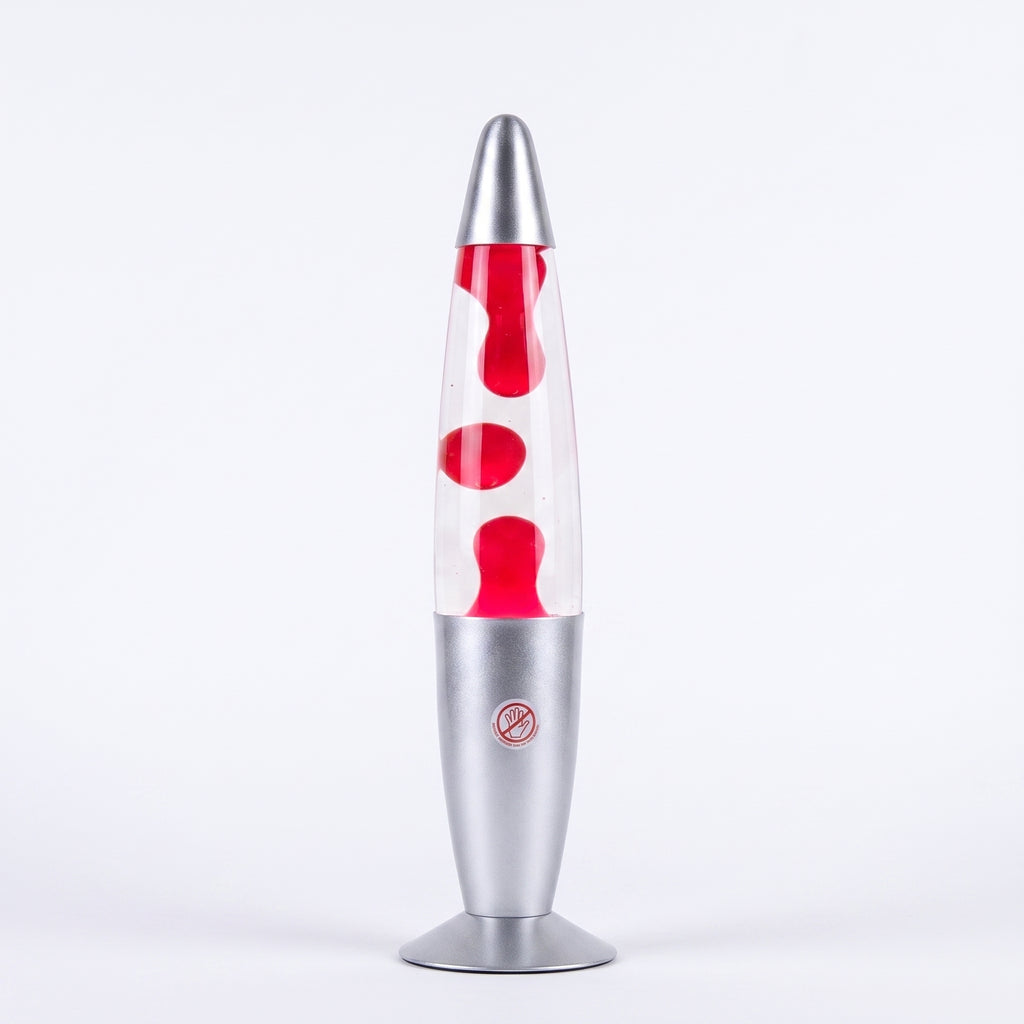 A classic lava lamp with a clear glass body showing red wax flowing, topped with a silver metal cap and base on a white background.