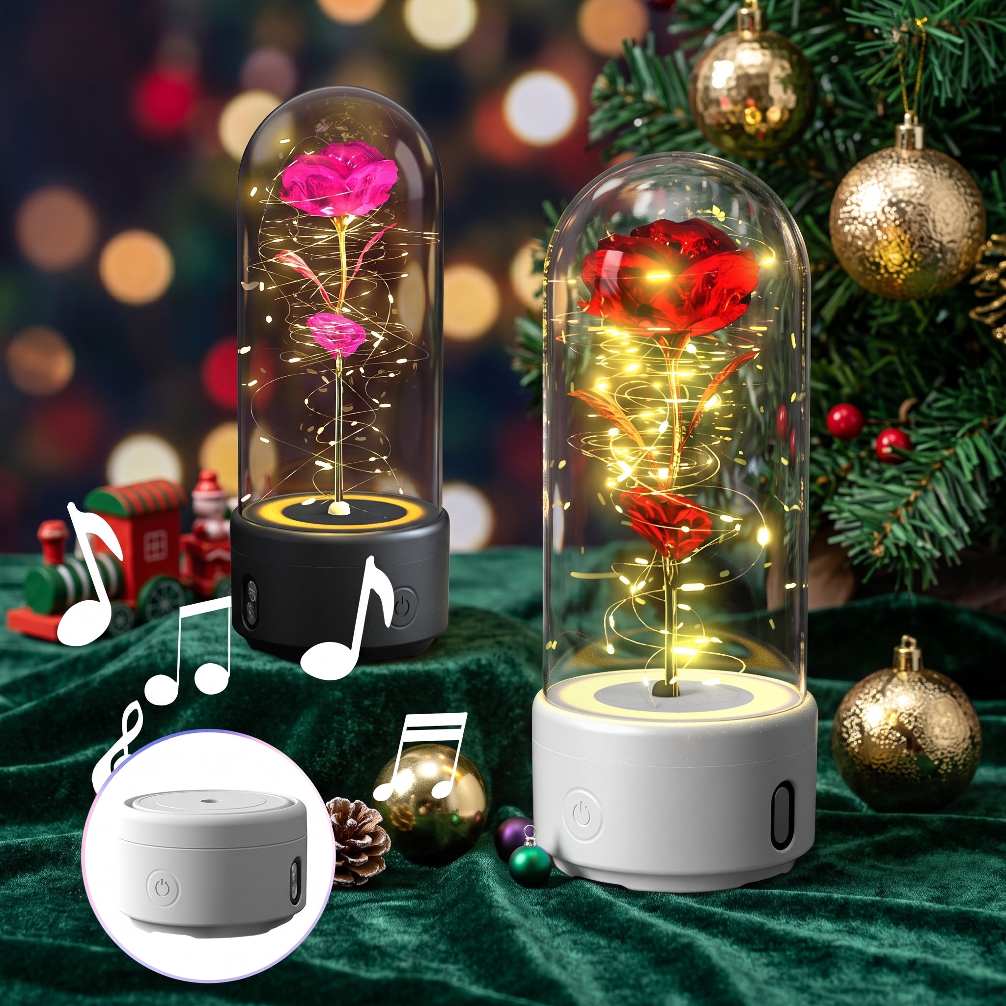 Two decorative glass dome rose lamps with built-in fairy lights and a speaker base are shown on a green velvet surface with a Christmas tree and ornaments in the background. One lamp contains a pink rose and the other contains a red rose.