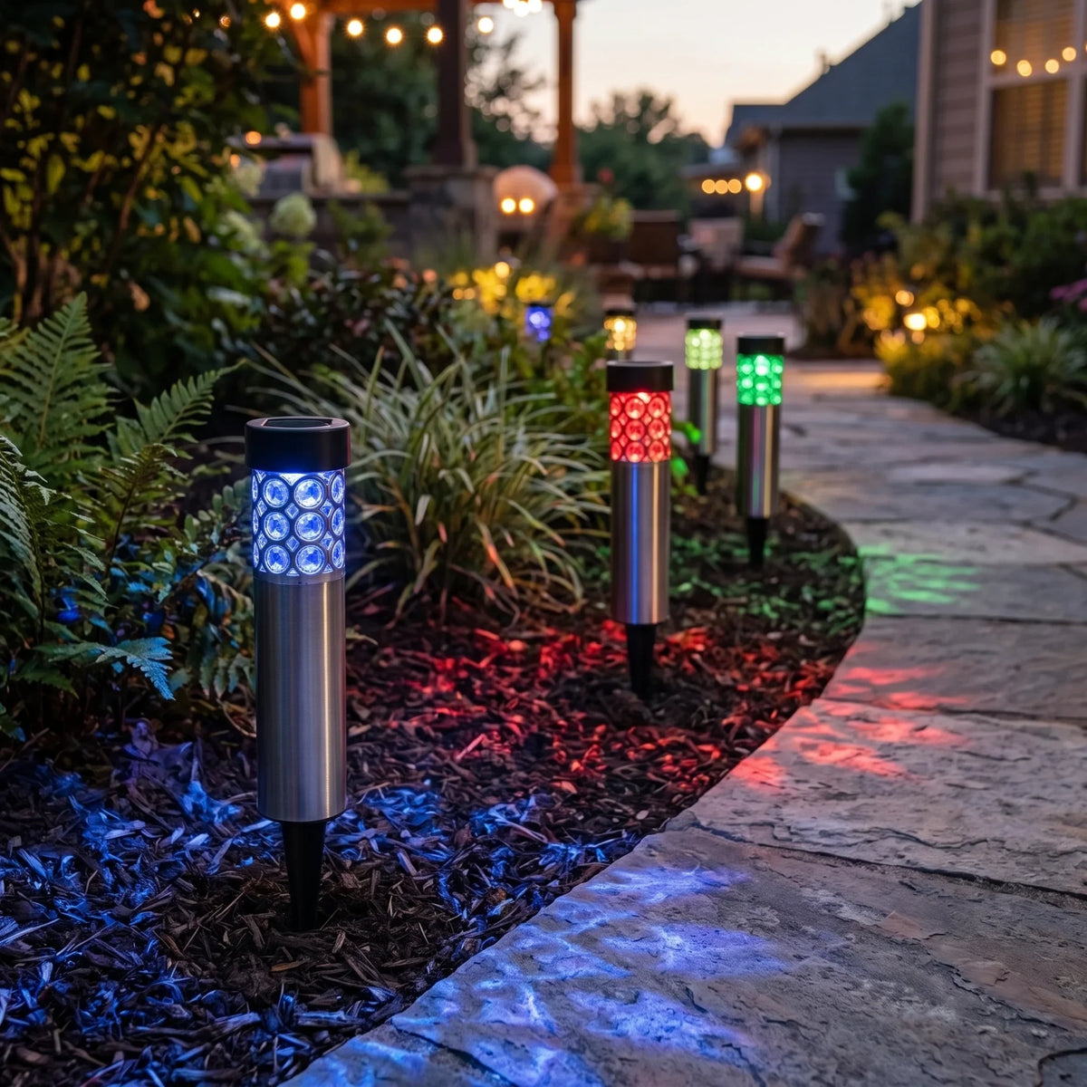 Zainzio RGB solar garden stake lights with silver stainless steel bodies glowing in red, green, and blue along a path.