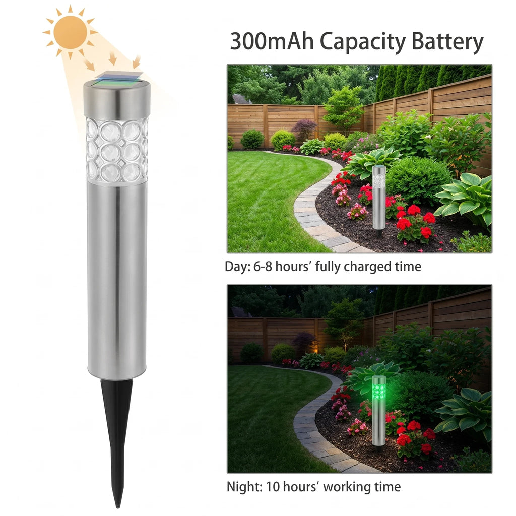 Zainzio RGB solar garden stake lights with stainless steel finish, shown in daylight and glowing green at night.