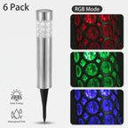 Zainzio 6-pack stainless steel solar garden stake lights featuring a patterned lens with red, green, and blue RGB glow.